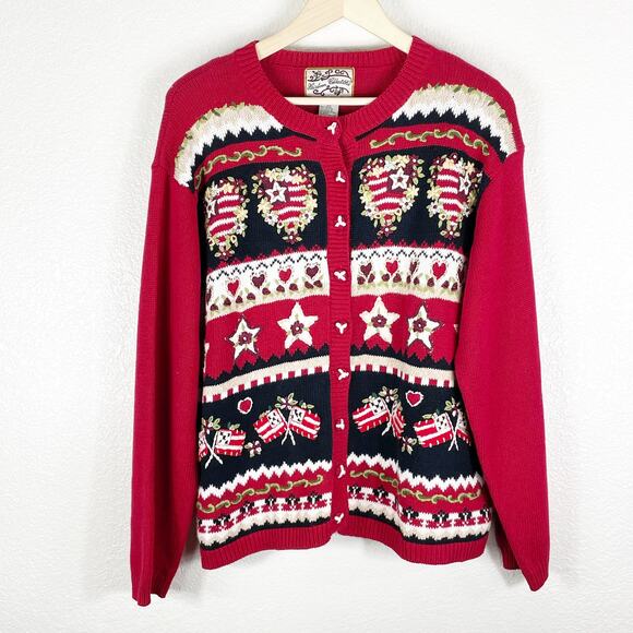 Vintage Women's Red White Blue Embroidered Grannycore Sweater Sz XL Americana - Picture 1 of 9